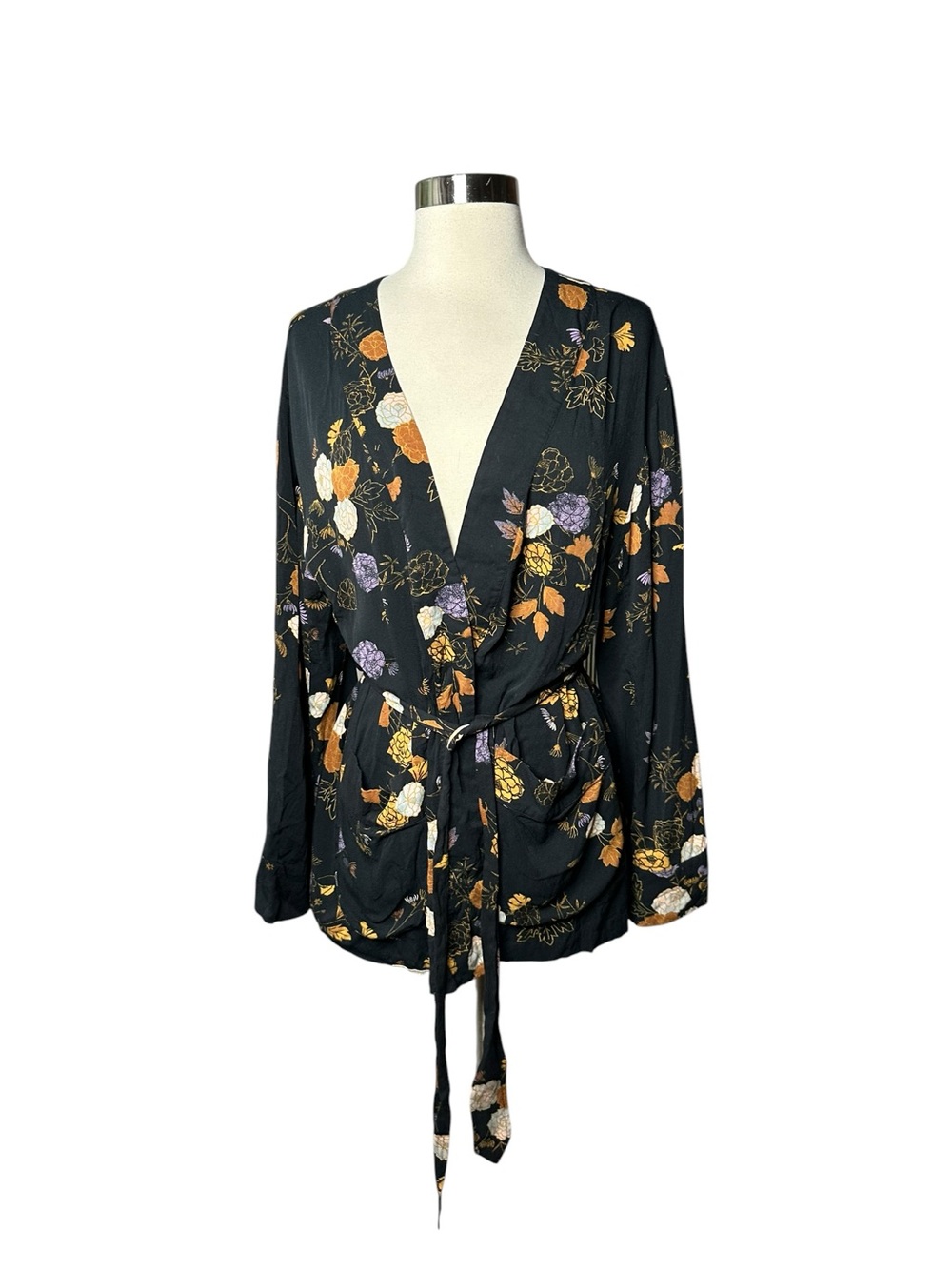 Free People Wrap It Up Floral Jacket Kimono Cardigan Black Orange Medium